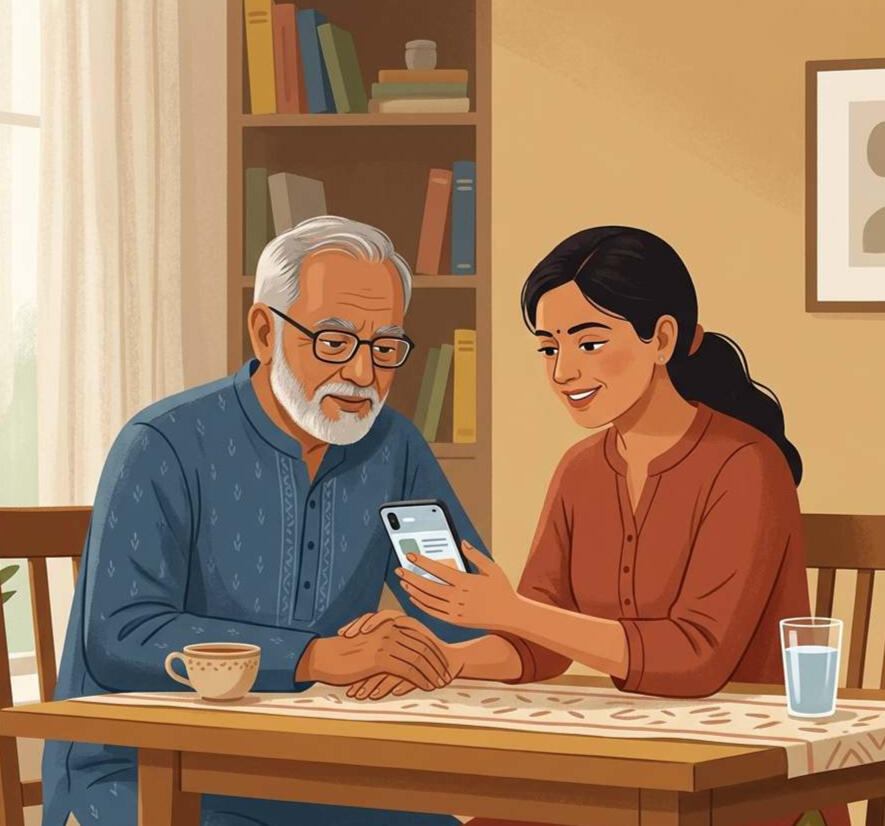Warm editorial illustration, adult Indian man or woman in their early 30s sitting beside an older Indian parent, both looking at a phone together, home setting, a simple living room or kitchen table, calm and attentive expressions, soft natural light, mute