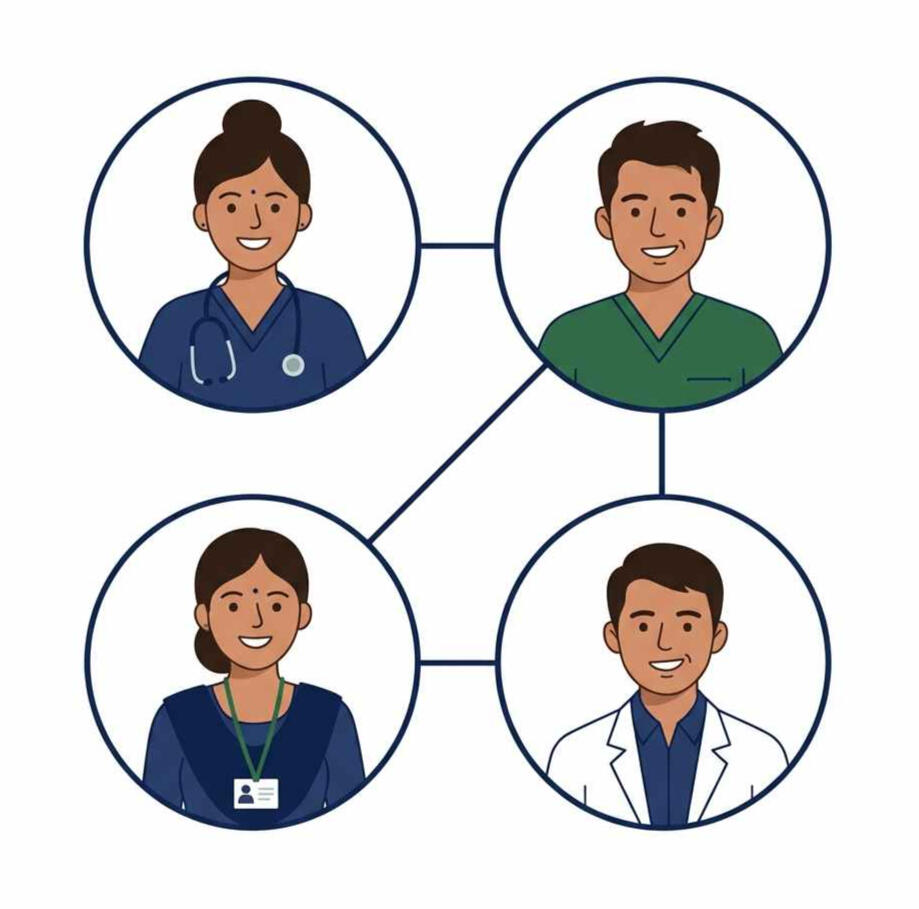 JeevanKey-Four-Indian-healthcare-professionals Simple flat illustration, four diverse Indian health professionals shown as small circular portrait icons arranged in a connected cluster, warm professional expressions, connected by thin lines suggesting coordination, brand navy and green colour palette,
