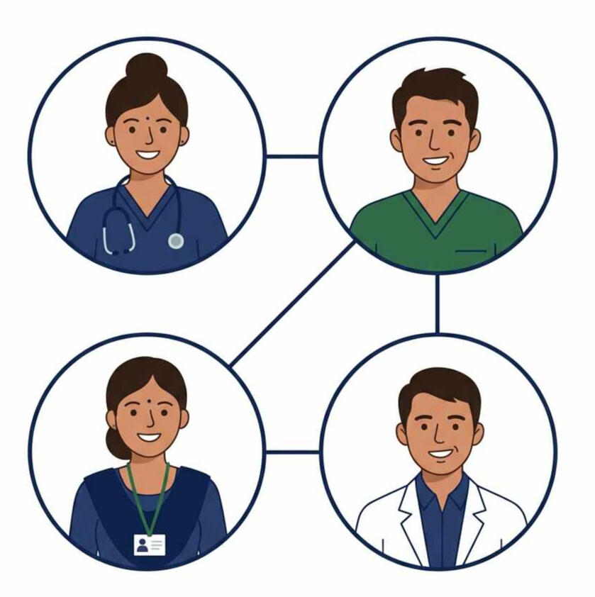 JeevanKey-Three-Indian-healthcare-professionals Simple flat illustration, four diverse Indian health professionals shown as small circular portrait icons arranged in a connected cluster, warm professional expressions, connected by thin lines suggesting coordination, brand navy and green colour palette,